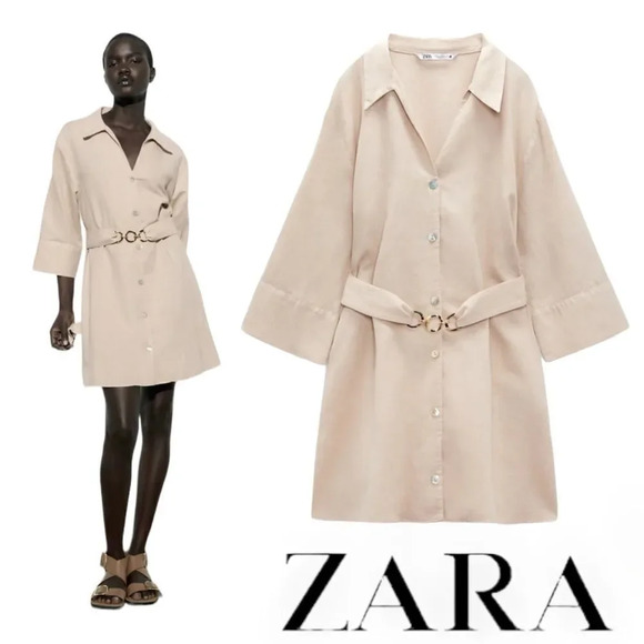 ZARA | Sand | BELTED LINEN BLEND MINI DRESS - Picture 1 of 11